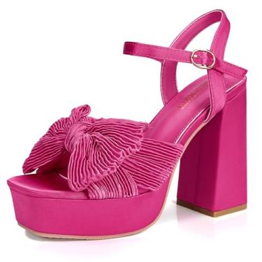 Imagem de KHPAERMEI Salto plataforma com nó de laço para mulheres, moderno, bico aberto, salto grosso, tira no tornozelo, vestido de festa de casamento, salto alto, Rosa, 40