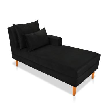 Imagem de Divã Chaise Chloe 160 cm Veludo Preto Pés Chanfrado Castanho M11 - D'Rossi