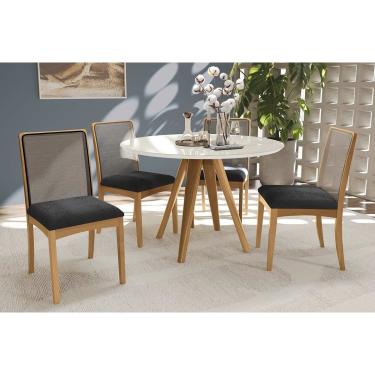 Imagem de Sala Jantar Mesa Duna Premium Madeira Maciça c/ Tampo Madeirado c/ Vidro 120x120cm e 4 Cadeiras Lara Carvalho/Off White - Boucle Chumbo - Kappesberg