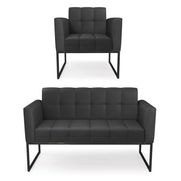 Imagem de Kit 1 Sofá Namoradeira e 1 Poltrona Elisa Corino Preto Base Metálica Industrial Preto D03 - D'Rossi