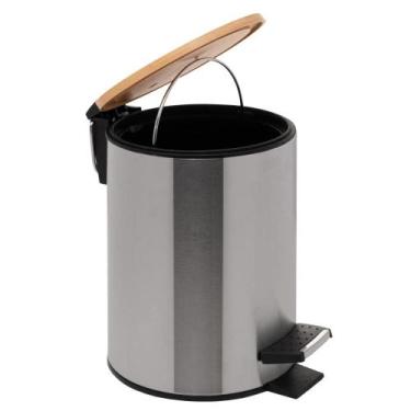 Imagem de Lixeira Redonda com Tampa em Bambu e Pedal Lyor 2,5L Aço Ino