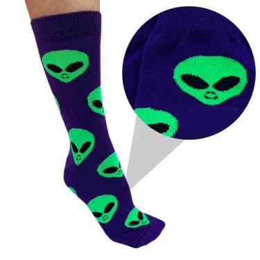 Imagem de Meia Cano Longo Alien Alienigena ET Preta Roxa Disco Voador Ciclista S