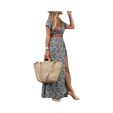 Imagem de Vestido Midi Retrô Com Decote Em V, Cintura Ajustada, Fenda Alta, Esta