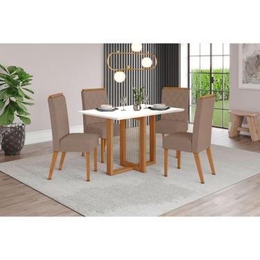 Imagem de Conjunto de Jantar Natalí Nina 4 Lugares Tampo em MDF MDP com Cadeiras Estofadas Nature-Off White Marrom 120X80CM
