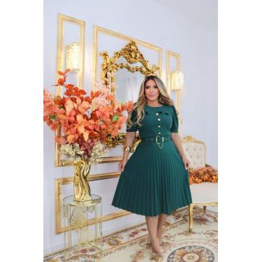 Imagem de Vestido Neocrepe Midi Com Elastano Plissado Terra Prometida Cor:VerdeT