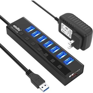 Imagem de Hub USB 3.0 alimentado a atolla, 7 portas USB Data Hub Splitter Plus 1 Smart Charging Port USB Extension including Individual Switches and 5V/4A Power Adapter