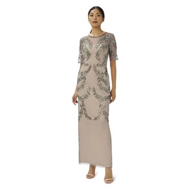 Imagem de Adrianna Papell Vestido feminino plus size com contas e mangas no cotovelo, Esterlina/Nude, 38