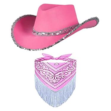 Imagem de Chapéu de cowboy com bandana com franjas chapéu de proteção solar chapéu de cowgirl de praia de verão macio cartola de jazz para shows de música, ROSA
