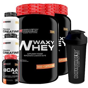 Imagem de Kit 2x Waxy Whey Protein 900g + 2x Power Creatina 100g + BCAA 4,5 100g + Coqueteleira - Bodybuilders (Cappuccino)