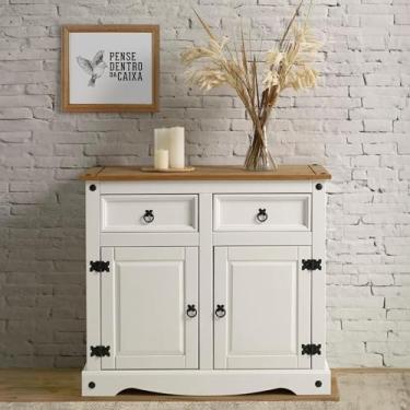 Imagem de Balcão Buffet Branco de Madeira Maciça com 2 Portas e 2 Gavetas Lavado - 80,6 Alt X 91 Larg X 43 Prof - Móveis para Casa, Acabamento em Cera, Madeira Pinus Elliottis - PENSE DENTRO DA CAIXA