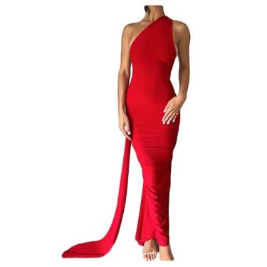 Imagem de Bestgift Vestido frente única plissado fino cor sólida sem mangas vestidos de um ombro, Vermelho, M