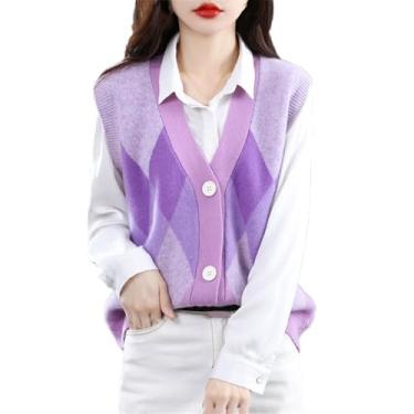 Imagem de Colete feminino tricotado suéter de caxemira sem mangas com decote em V colete cardigã (roxo XL)