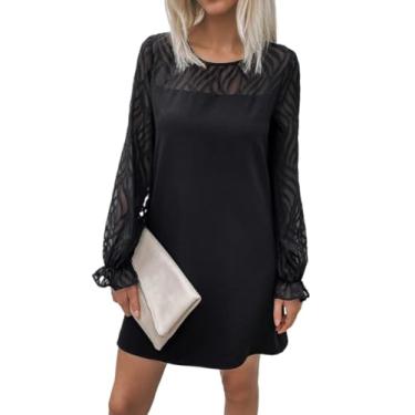 Imagem de Camisa Feminina Contrast Mesh Flare Sleeve Tunic Dress (Color : Black, Size : M)