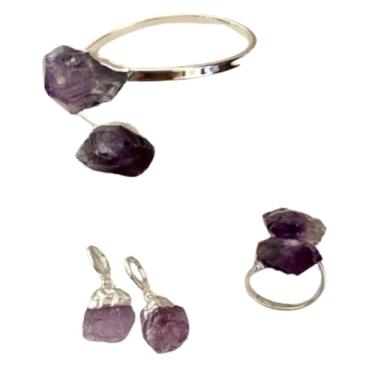 Imagem de Pulseira Hippie Anel Dourado Moda Boho Chic Conjunto 3Pcs Pedra Natural Ametista Anel Bracelte Brinco Misture e Combine Prosperidade Abundância