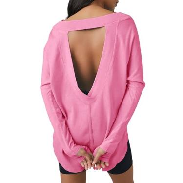 Imagem de Tankaneo Camiseta feminina grande frente única manga longa túnica gola redonda para treino, rosa, M