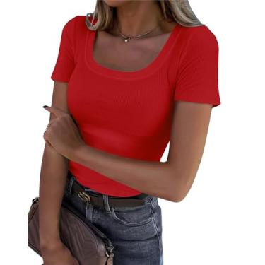 Imagem de Roselux Camiseta feminina de verão com gola redonda, manga curta, malha canelada, justa, casual, básica, Vermelho, G