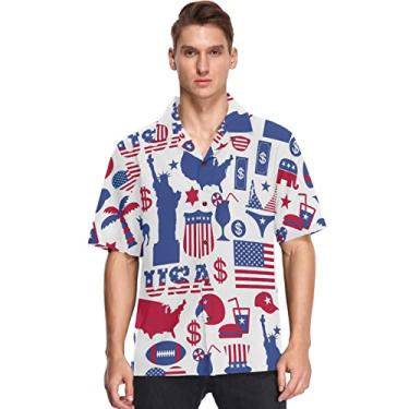 Imagem de visesunny Camisa masculina casual de botão manga curta havaiana bandeira americana símbolo dos EUA camiseta Aloha, Multicolorido, G