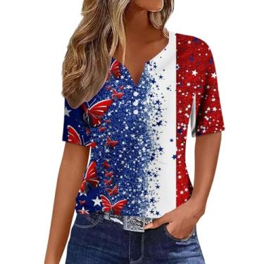 Imagem de Camiseta Patriótica Feminina 4 de Julho Independence Day Top Manga Curta Gola V Túnica Bandeira Americana Blusa Casual Verão, Branco, P