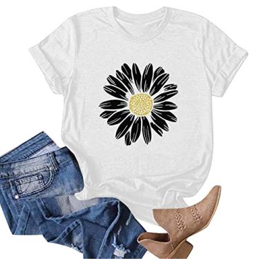 Imagem de Camisetas femininas com estampa de girassol, manga curta, gola redonda, casual, solta, túnica com estampa floral, Branco, P