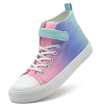 Imagem de LUMUBBY Tênis infantil de lona para meninos e meninas, cano médio, clássico, ajustável, cadarço para crianças, respirável, leve, Arco-íris, 9 Toddler