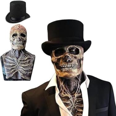 Imagem de LittleVoleSherry Halloween Skull Mask Scary Full Head Latex Skeleton Mask Moving Jaw,Creepy Biochemical Bare Brain Mask Halloween Decorations (with Hat)