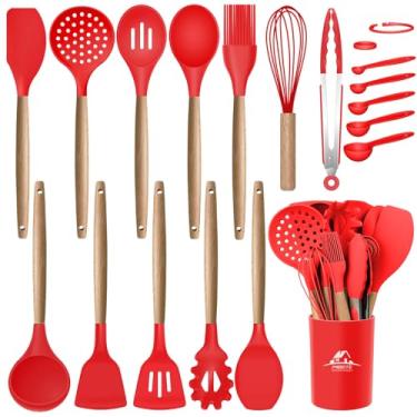 Imagem de MIBOTE Conjunto de utensílios de cozinha de silicone resistente ao calor, espátula, colher, batedor, cabo de madeira, utensílios de cozinha com suporte para panelas antiaderentes de Natal (vermelho)