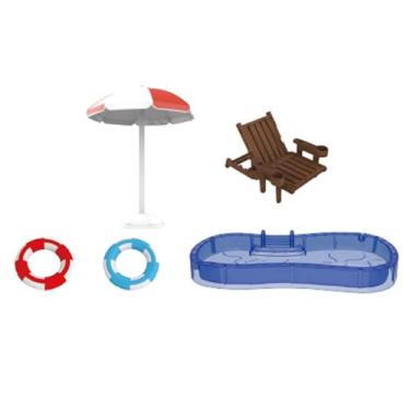 Imagem de Generic Conjunto de piscina para casa de bonecas, modelo incluindo piscina, guarda-sol, cadeira e carros alegóricos, acessórios de brinquedo em miniatura