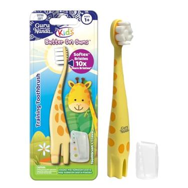 Imagem de GuruNanda Escova de dentes infantil de girafa fofa de manteiga nas gengivas com raspador de língua e capa - cerdas super macias para limpeza suave - alça ergonômica (idade 1+)