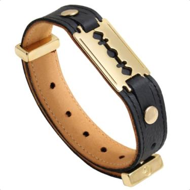 Imagem de GRANADO ACESSÓRIOS, Pulseira de Lâmina Banho Dourado Couro Preto Barbeiro - AM