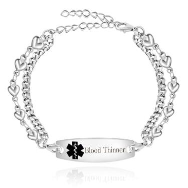 Imagem de Oneress Pulseira de alerta médico com gravação gratuita de aço inoxidável | Pulseiras de identificação de emergência | Pulseira impermeável com duas correntes 19 cm + 5 cm estendida para tia, filha,