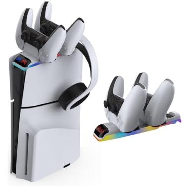 Imagem de Estação de carregamento de controlador PS5 com luz RGB, carregador de controlador duplo PS5 para PS5 Slim Digital e Disc Edition, com suporte para fone de ouvido e cabo de carregamento rápido (Branco)