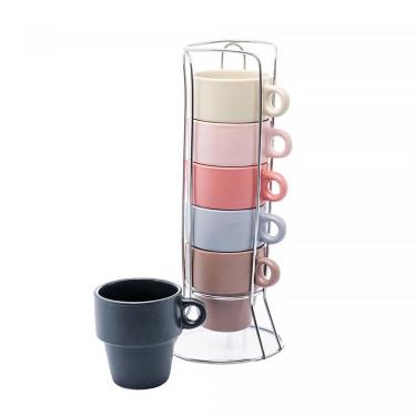 Imagem de Conjunto 6 Xícaras de Café Empilháveis de Cerâmica com Suporte Coloridas 90ml 29369 - Wolff