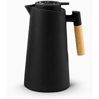 Imagem de Garrafa Térmica Com Termômetro 1L Garrafa Térmica com Cabo de Madeira e Termômetro Digital (Preto) - YODHE