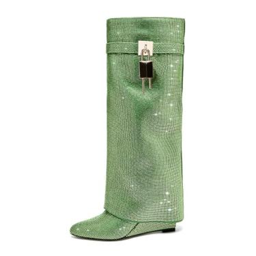 Imagem de CAGLGLZ Botas femininas de cunha até o joelho puxar pontiagudo dobrável botas de salto plataforma femininas brilhantes botas de strass dobrável cadeado até o joelho salto anabela bico fino pull-on