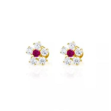 Imagem de Brinco de ouro 18k flor com zircônia branca e vermelha - Elegancy Joia