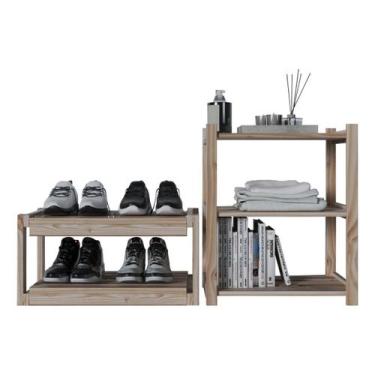 Imagem de Combo Estantes Dupla Organizadoras e Aparador Moderno Oferta Madeira P