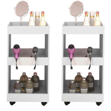 Imagem de Kit 2 Armários Multiuso para Salão Barbearia Seul com Rodízios Branco 