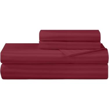 Imagem de ROYALE LINENS Jogo de lençol listrado 300 fios 100% algodão penteado de fibra longa - 4 peças: 1 lençol com elástico, 1 lençol liso, 2 fronhas - conjunto de lençóis macio, casal (listrado bordô)