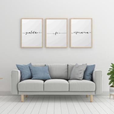 Imagem de Kit 3 Quadros Decorativos com Molduras Frases gratidão fé esperança - 