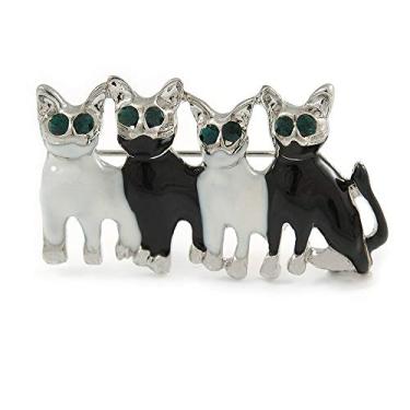 Imagem de Broche esmaltado preto/branco "Happy Family Of Four Cats" em revestimento de ródio - 4,3 cm de largura, One Size, esmalte, Sem Pedra Preciosa