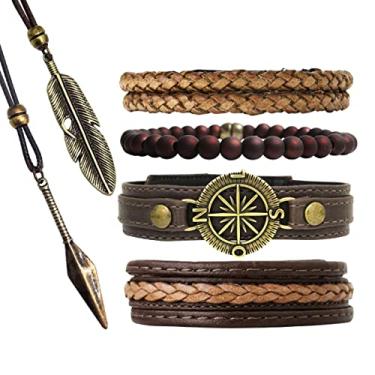 Imagem de Pulseiras Masculinas Kit C/04 BÚSSOLA MARROM + 2 Colares Espada Top de Linha (20cm)