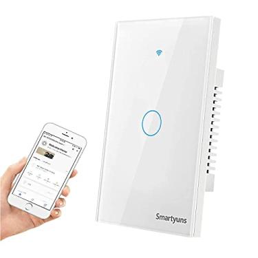 Imagem de Smartyuns Interruptor de luz inteligente WiFi branco, painel de vidro temperado moderno interruptor de toque de parede padrão dos EUA interruptores de polo único funciona com Alexa, Google Assistant,