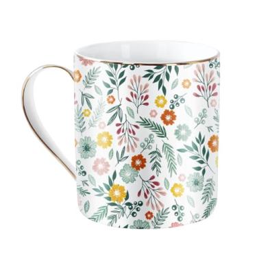 Imagem de WAVEYU Caneca de cerâmica para mulheres, caneca de água de café fofa para férias, design floral com alça para escritório em casa, xícara de chá de café decorativa para mulheres e homens, 400 ml, flor