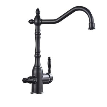 Imagem de Torneira de cozinha com filtro 360 ° Torneira misturadora de água quente e fria com duas alças Torneira de cozinha montada no deck Torneira de pia preta, preto fosco