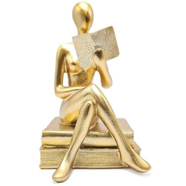 Imagem de Est?tua Figura Pensador Estudando Enfeite Decorativo Casa Estatueta Reflex?o Mesa Escrit?rio Decora??o Luxo (M?o no Colo Dourado)