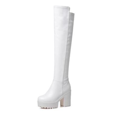Imagem de Rock88 Botas femininas acima do joelho, botas de salto alto com zíper lateral, botas de plataforma altas para festa e uso diário, branca, 37