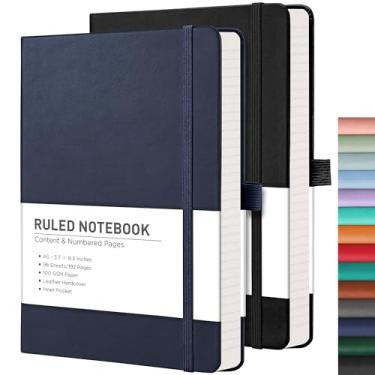 Imagem de RETTACY Pacote com 2 cadernos universitários – Cadernos de couro com pauta universitária com 376 páginas numeradas, capa dura, 8 folhas perfuradas, laço para caneta, papel grosso de 100 g/m² 14 cm ×