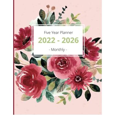 Imagem de 2022-2026 Five Year Planner: 60 Month Calendar and Organizer | Beautiful hand-drawing flowers | 5 Year Monthly Agenda 2022, 2023, 2024, 2025, 2026 | Watercolor Cover 8.5" x 11" in
