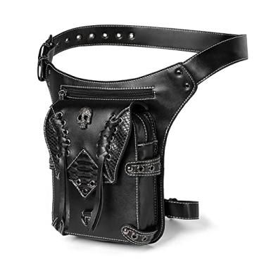 Imagem de Bolsa de cintura, pochete de motocicleta, bolsa para coxa, quadril, bolsa mensageiro, de couro, bolsa de ombro, carteira, bolso, Preto 038, Medium, Punk