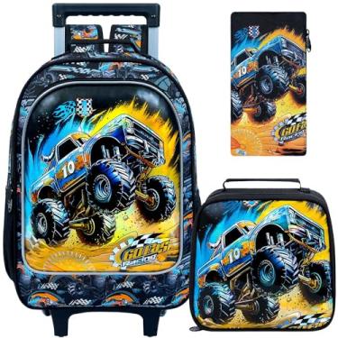 Imagem de ZLYERT 3 unidades de mochila com rodinhas para meninos, mochila infantil com rodas, carro, futebol, dinossauro, mochila com rodas, Carro preto, One Size, Mochilas Daypack